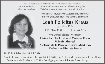 Traueranzeige von Leah Felicitas Kraus 