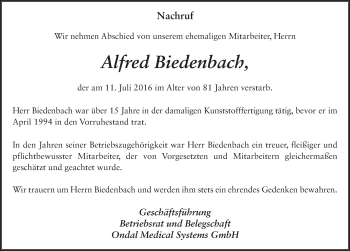 Traueranzeige von Alfred Biedenbach 