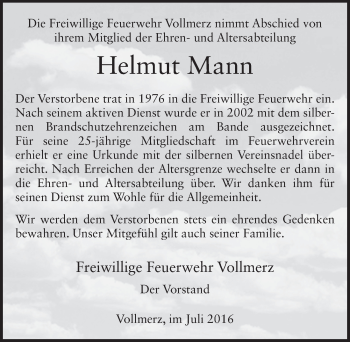 Traueranzeige von Helmut Mann 