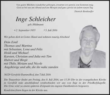 Traueranzeige von Inge Schleicher 
