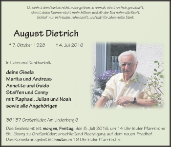 Traueranzeige von August Dietrich 