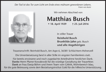 Traueranzeige von Matthias Busch 