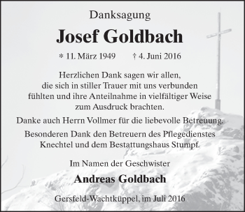 Traueranzeige von Josef Goldbach 