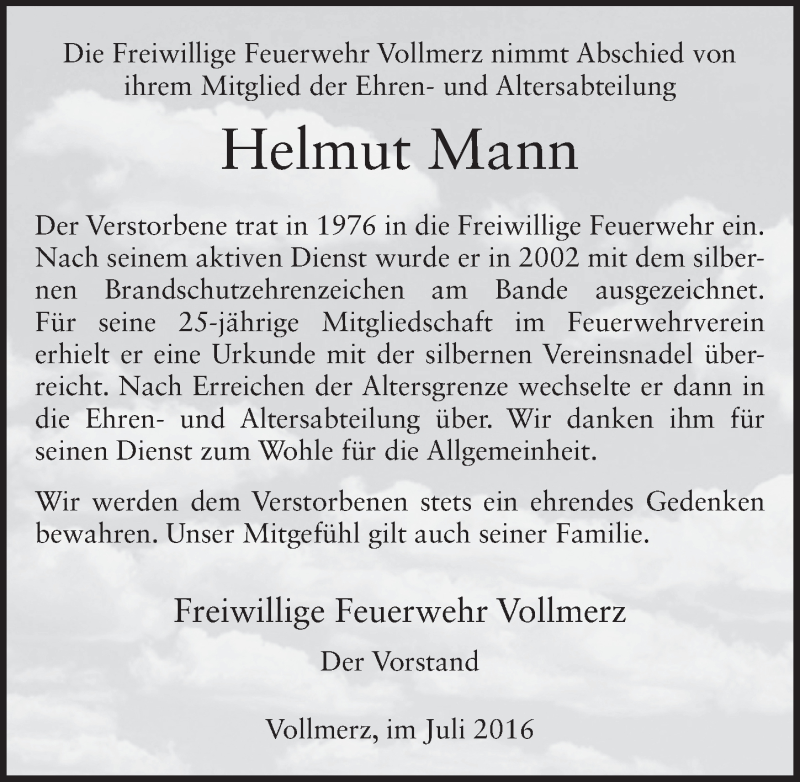  Traueranzeige für Helmut Mann vom 14.07.2016 aus 