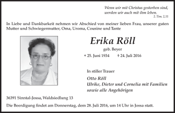 Traueranzeige von Erika Röll 