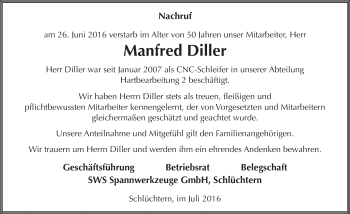 Traueranzeige von Manfred Diller 