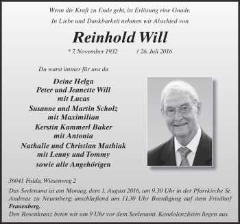 Traueranzeige von Reinhold Will 