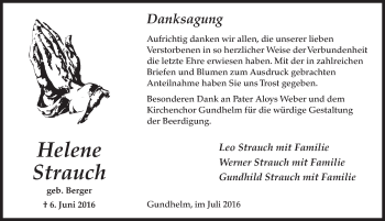 Traueranzeige von Helene Strauch 