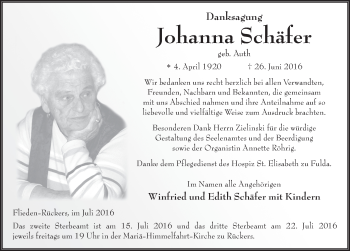 Traueranzeige von Johanna Schäfer 