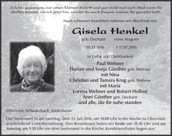 Traueranzeige von Gisela Henkel 