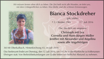 Traueranzeige von Bianca Stockdreher 