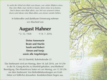 Traueranzeige von August Hahner 
