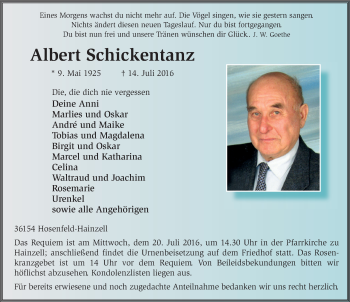 Traueranzeige von Albert Schickentanz 