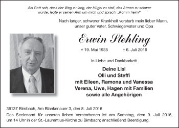 Traueranzeige von Erwin Stehling 
