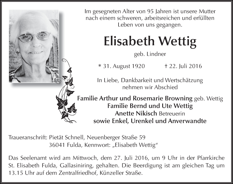  Traueranzeige für Elisabeth Wettig vom 25.07.2016 aus 