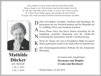 Traueranzeige von Mathilde Dücker 