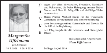 Traueranzeige von Margarethe Uffelmann 