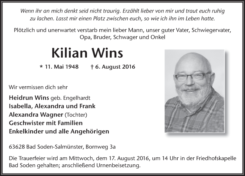  Traueranzeige für Kilian Wins vom 12.08.2016 aus 