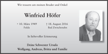 Traueranzeige von Winfried Höfer 