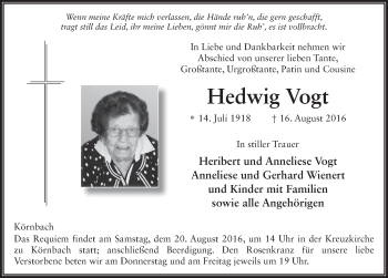Traueranzeige von Hedwig Vogt 