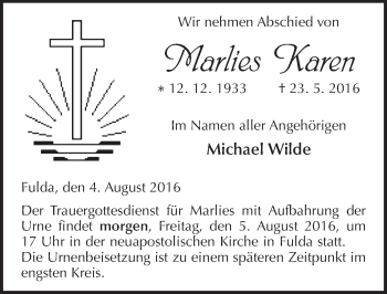 Traueranzeige von Marlies Karen 
