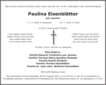 Traueranzeige von Paulina Eisenblätter 