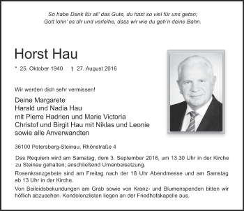 Traueranzeige von Horst Hau 