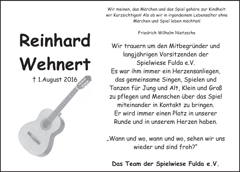  Traueranzeige für Reinhard Wehnert vom 08.08.2016 aus 