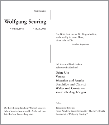 Traueranzeige von Wolfgang Seuring 
