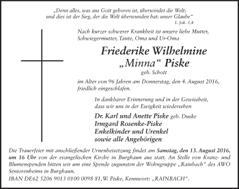 Traueranzeige von Friederike Wilhelmine Piske 