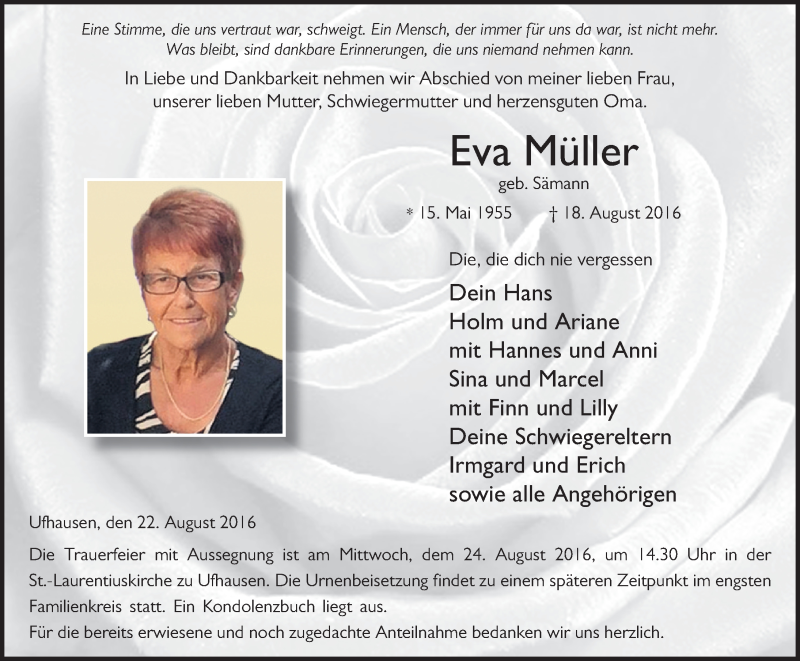  Traueranzeige für Eva Müller vom 22.08.2016 aus 