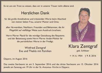 Traueranzeige von Klara Zentgraf 