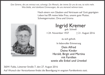 Traueranzeige von Ingrid Kremer 