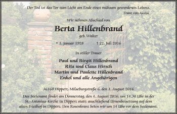 Traueranzeige von Berta Hillenbrand 