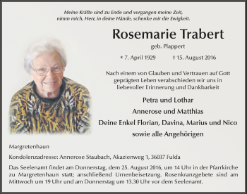 Traueranzeige von Rosemarie Trabert 