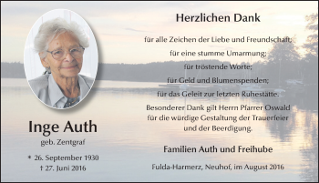 Traueranzeige von Inge Auth 