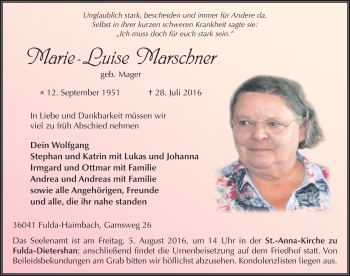Traueranzeige von Marie-Luise Marschner 