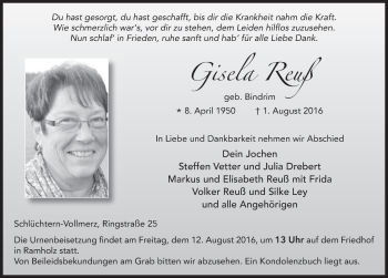 Traueranzeige von Gisela Reuß 