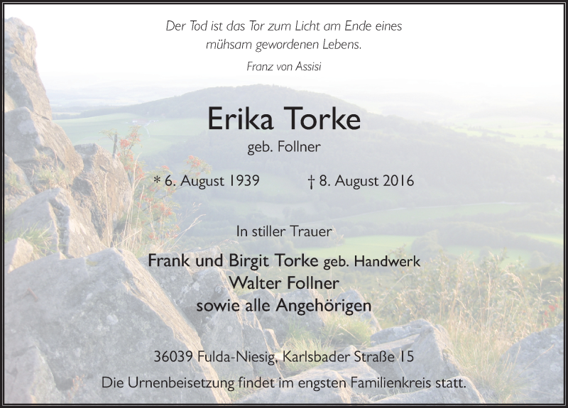  Traueranzeige für Erika Torke vom 13.08.2016 aus 