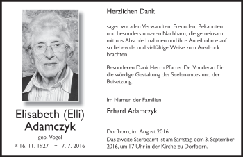 Traueranzeige von Elisabeth Adamczyk 