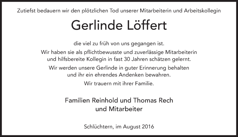  Traueranzeige für Gerlinde Löffert vom 17.08.2016 aus 