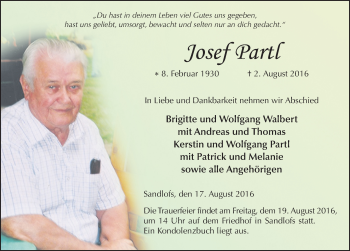 Traueranzeige von Josef Partl 