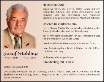 Traueranzeige von Josef Stehling 