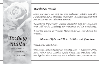 Traueranzeige von Hedwig Müller 