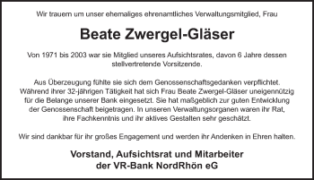 Traueranzeige von Beate Zwergel-Gläser 