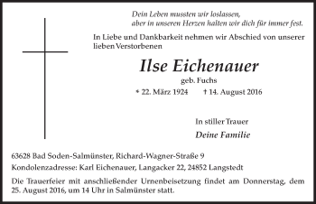 Traueranzeige von Ilse Eichenauer 