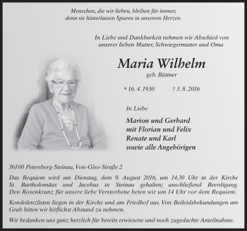 Traueranzeige von Maria Wilhelm 