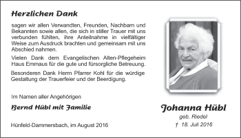 Traueranzeige von Johanna Hübl 