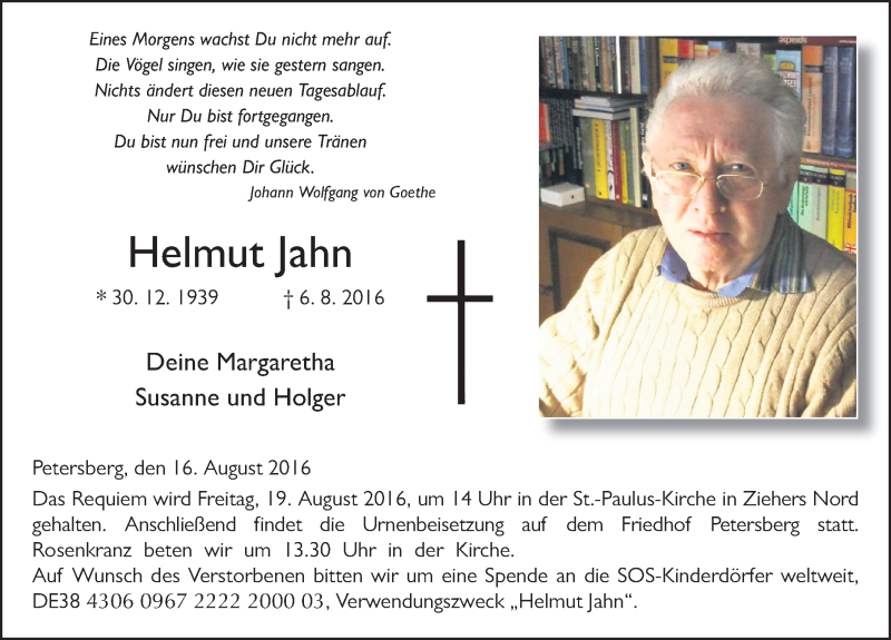  Traueranzeige für Helmut Jahn vom 16.08.2016 aus 
