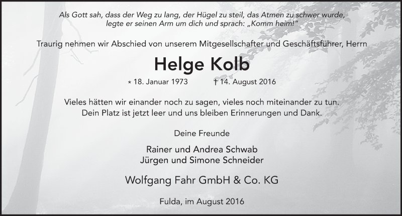  Traueranzeige für Helge Kolb vom 16.08.2016 aus 